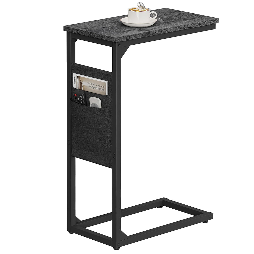 TUTOTAK C Shaped End Table with Charging Station, Side Table for Sofa, Couch Table with Storage Bag, TV Tray with 2 USB Ports and Outlets for Living Room, Bedroom, Brown TB01BB024