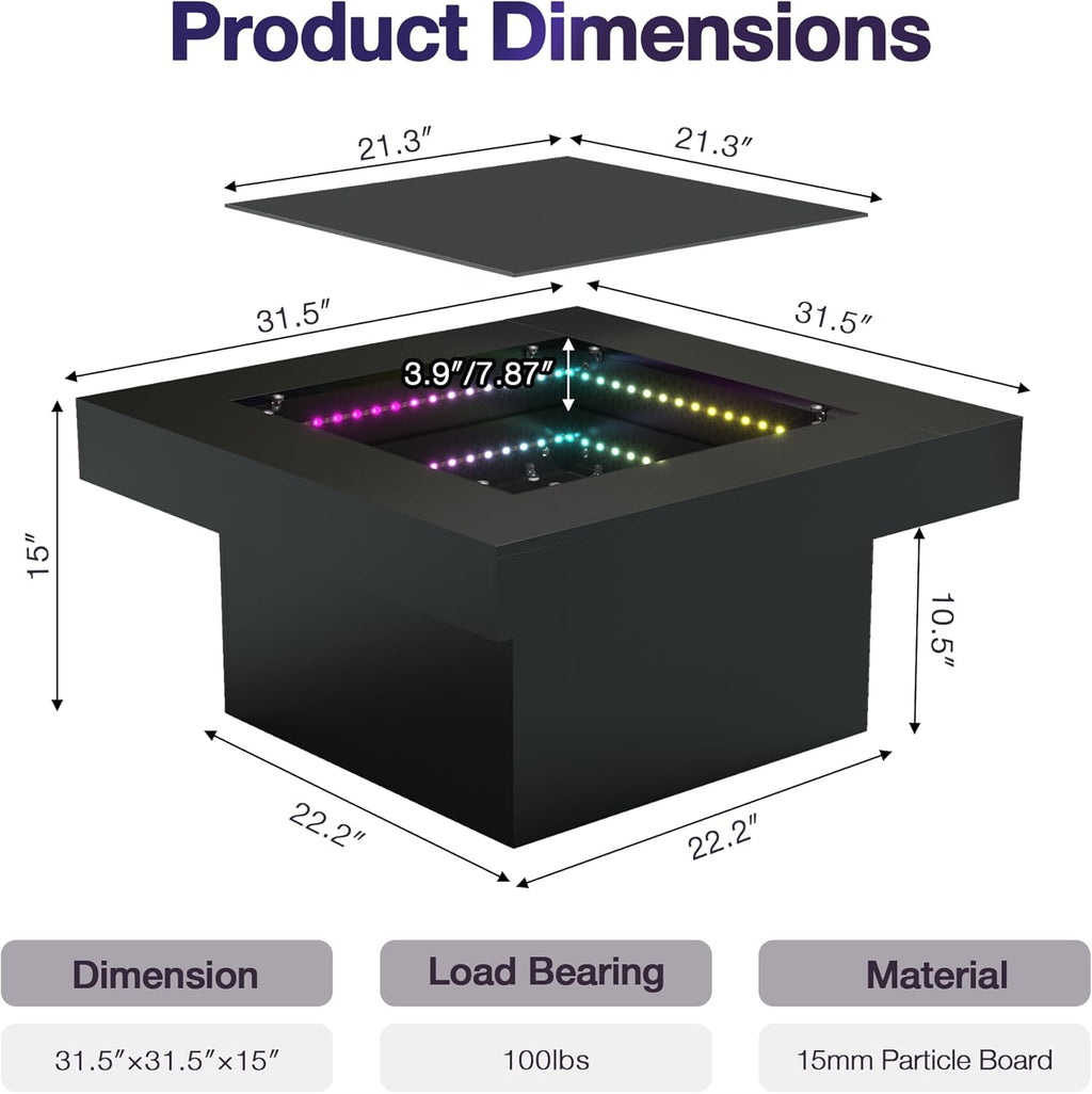 FKWin Black Modern Coffee Tables - Endless Depth Mirror Square Coffee Table with LED Lights, Black Table for Living Room, Tempered Glass-Top Center Tables, 31"