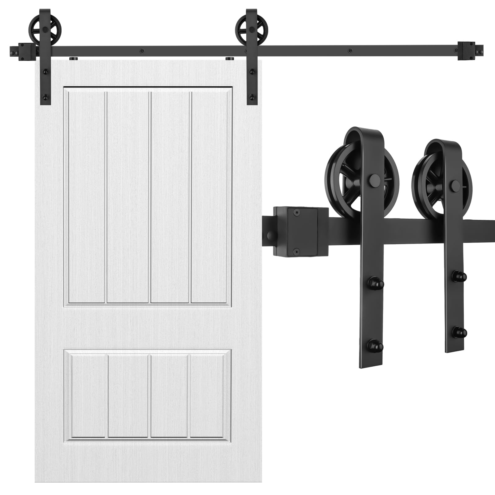 Kit de quincaillerie pour porte de grange coulissante simple 4FT, rouleau à grande roue à rayons noir basique, système de rail pour porte de grange
