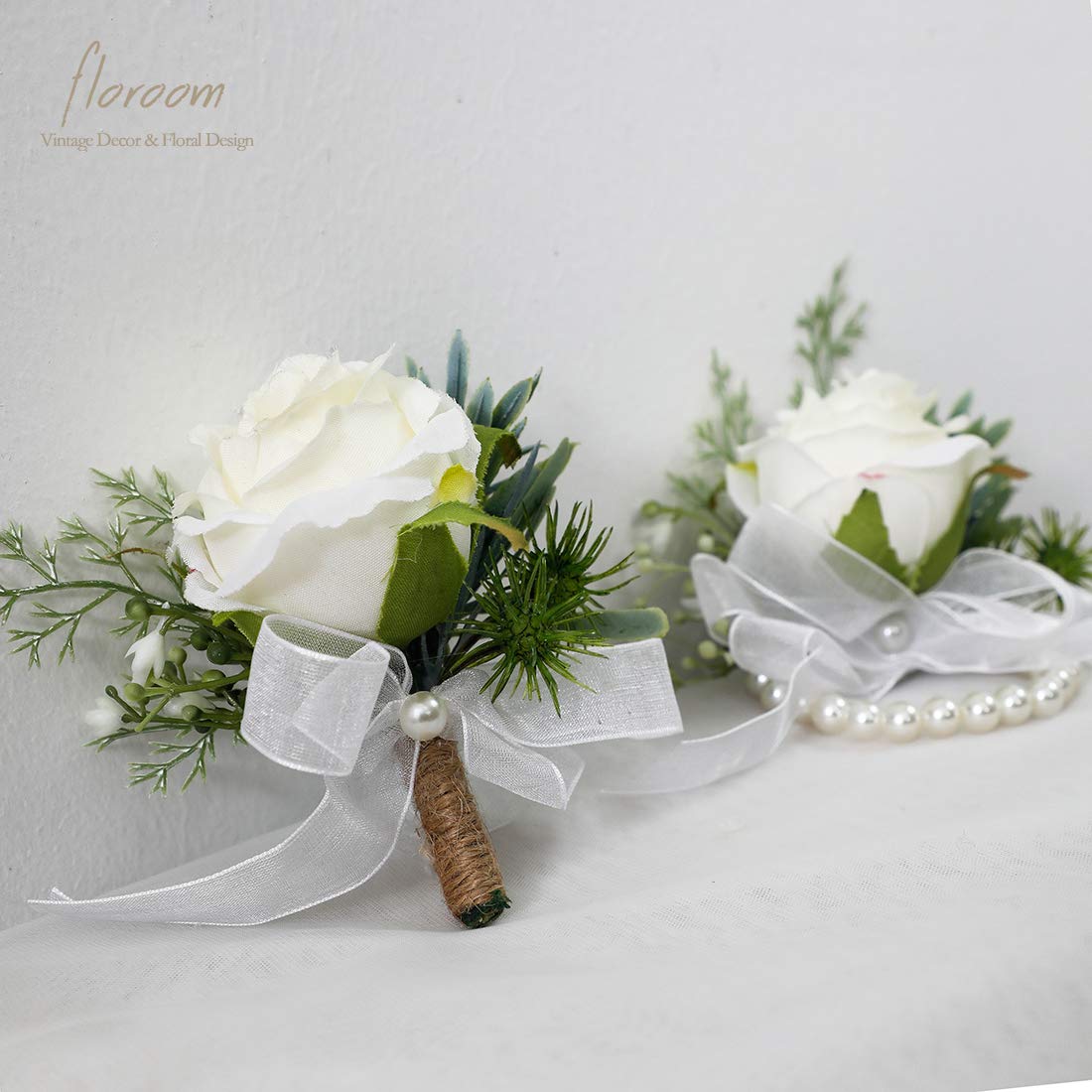 Floroom elfenbensfarvet rosen håndledskorsage håndledsarmbånd og sæt med boutonniere til mænd til hvide bryllupsblomster tilbehør til prom jakkesætsdekorationer