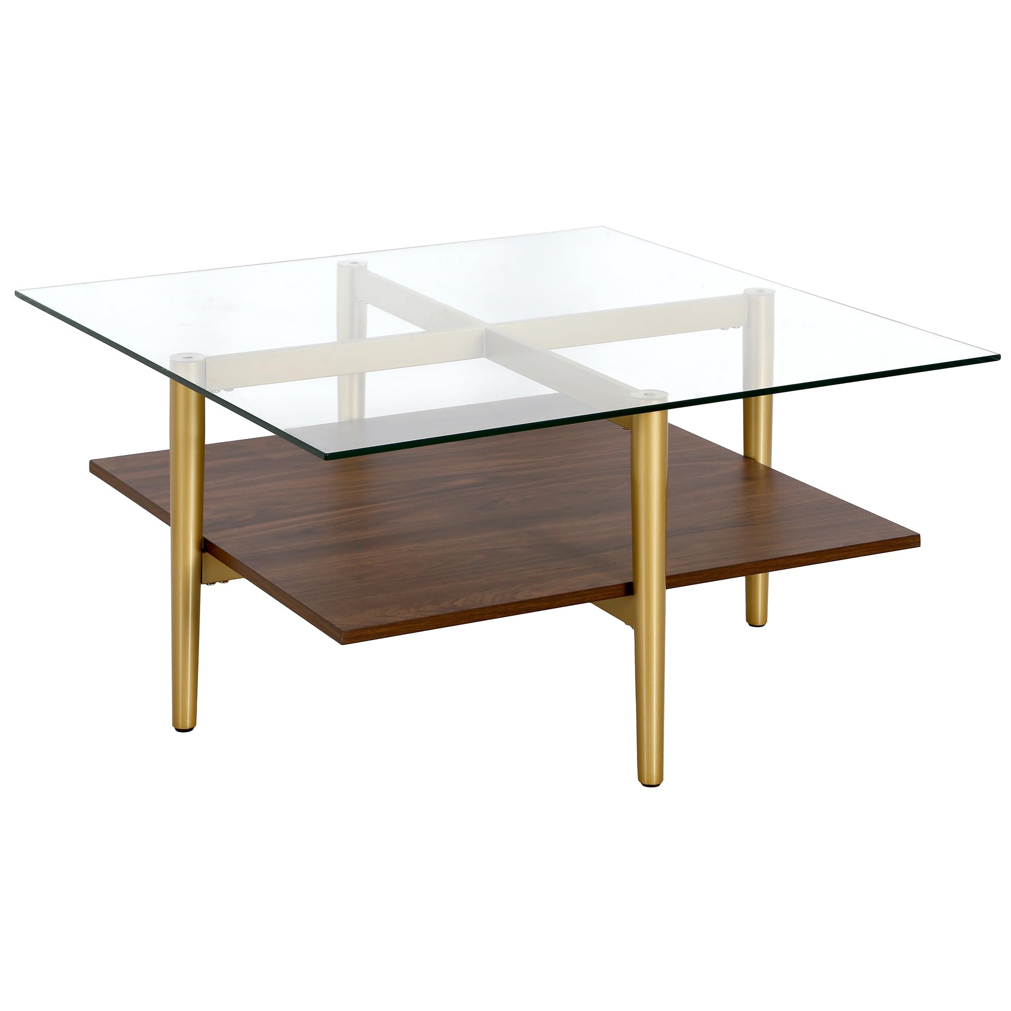 Otto 32" Wide Square Coffee Table with Faux Marble Shelf in Brass