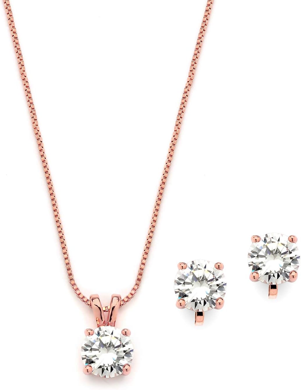 Mariell 14K Rose Gold Plated Cubic Zirconia Jewelry Set - 2cwt Round Pendant with 8mm Clip-On Earrings