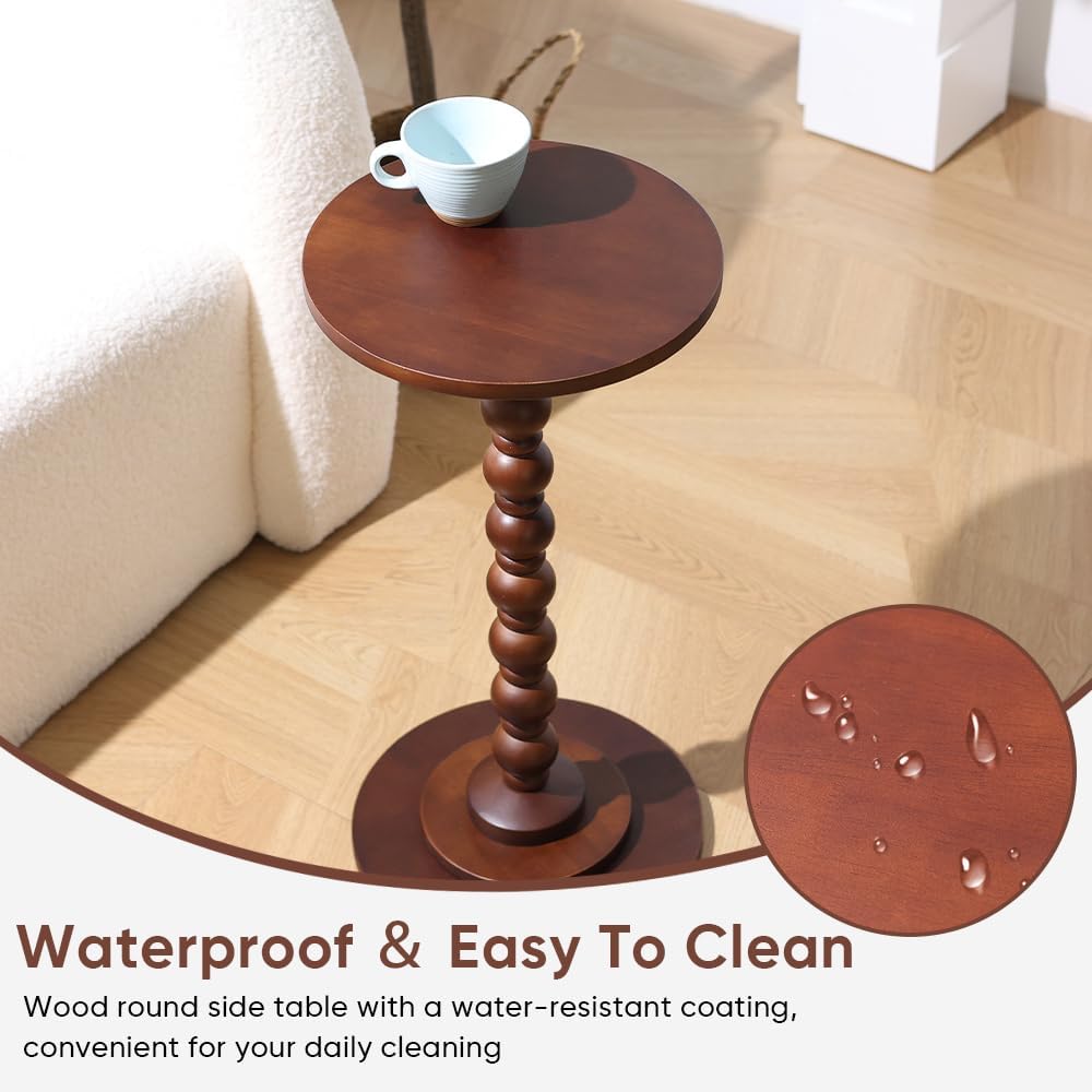 Round Side Table, Wood Drink Table for Small Spaces, Round End Table for Living Room, Bedroom, Sofa Couch, Corners (Classic, Brown)