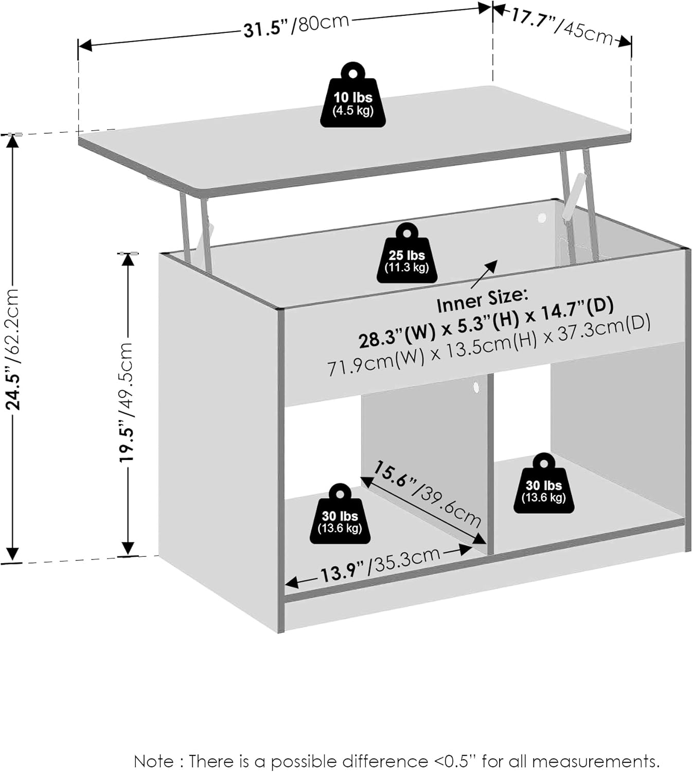 Furinno Jensen Living Room Lift Top Coffee Table with Hidden Compartment, Solid White