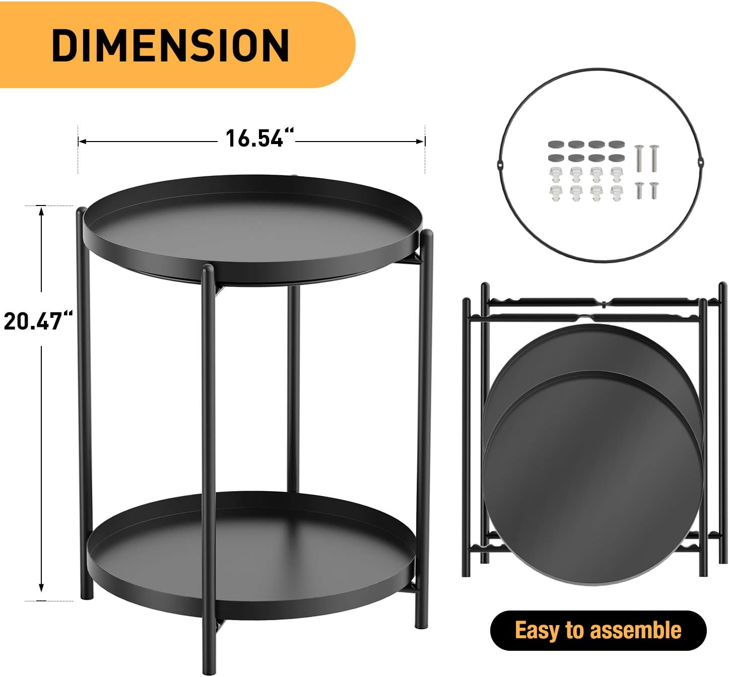 Yesker Side Table, End Table Metal Small Table Indoor Outdoor & Snack Bedside Table Sofa Side Snack Table Accent Coffee Table Living Room Bedroom Balcony 2 Layer (Black)