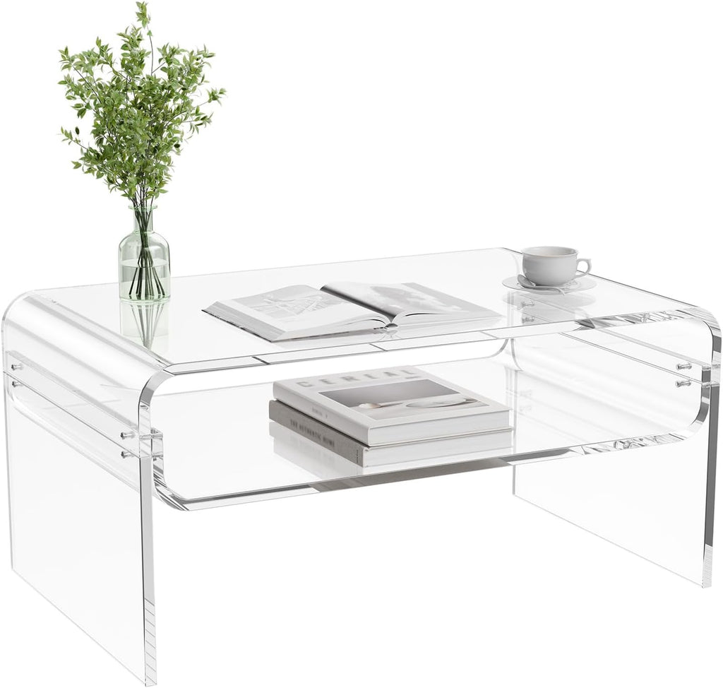 VEVOR Acrylic Coffee Table, Modern Lucite Desk with Open Storage Shelf, Clear Rectangle Center Table for Living Room, Office, 31.5 x 19.7 x 15 in