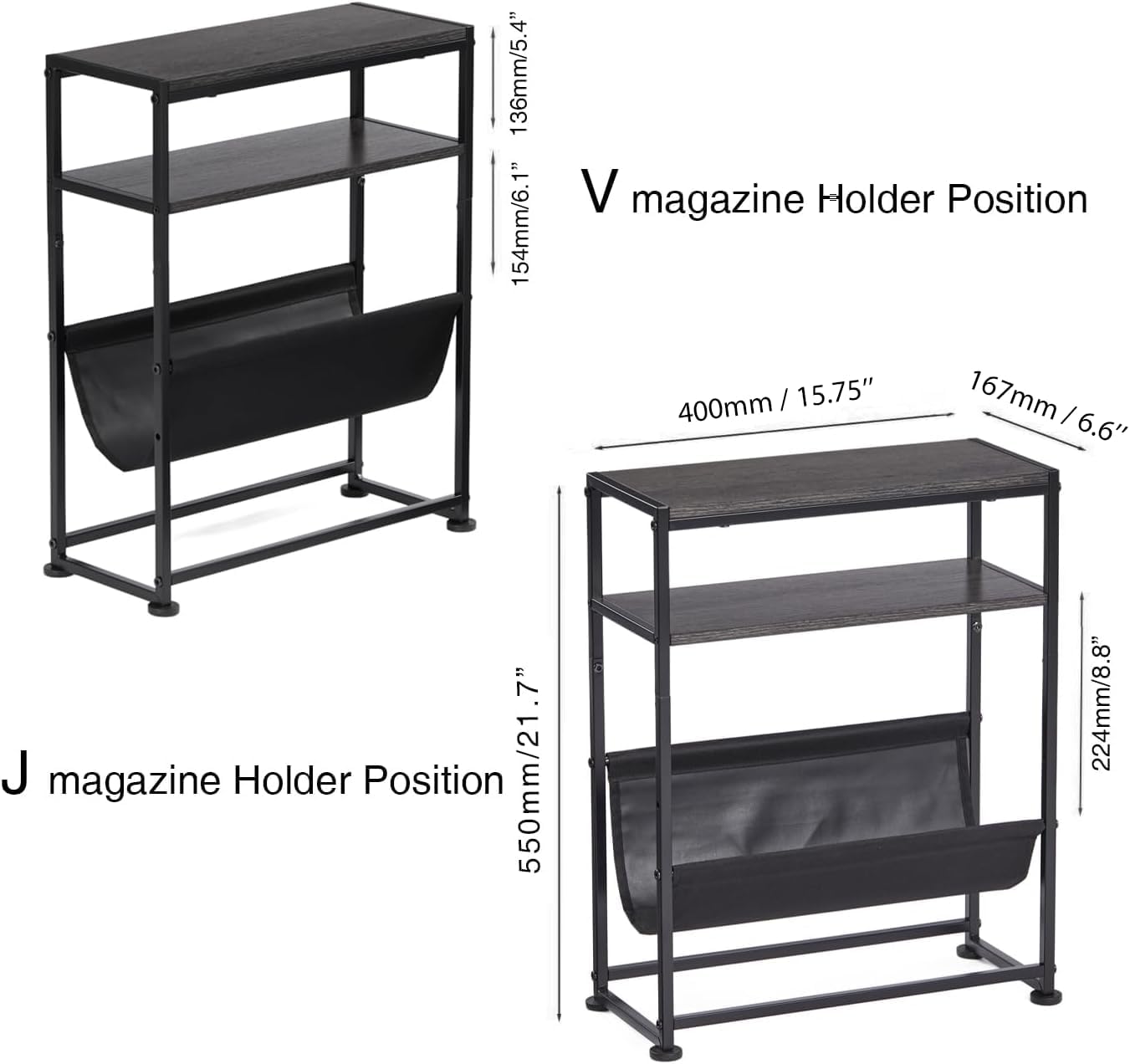 Narrow End Table for Small Spaces - Slim Side Table with Magazine Holder,2 in 1 Design Narrow Coffee Table Living Room,Skinny Bedroom Nightstand Thin Side Magazine Table,Black