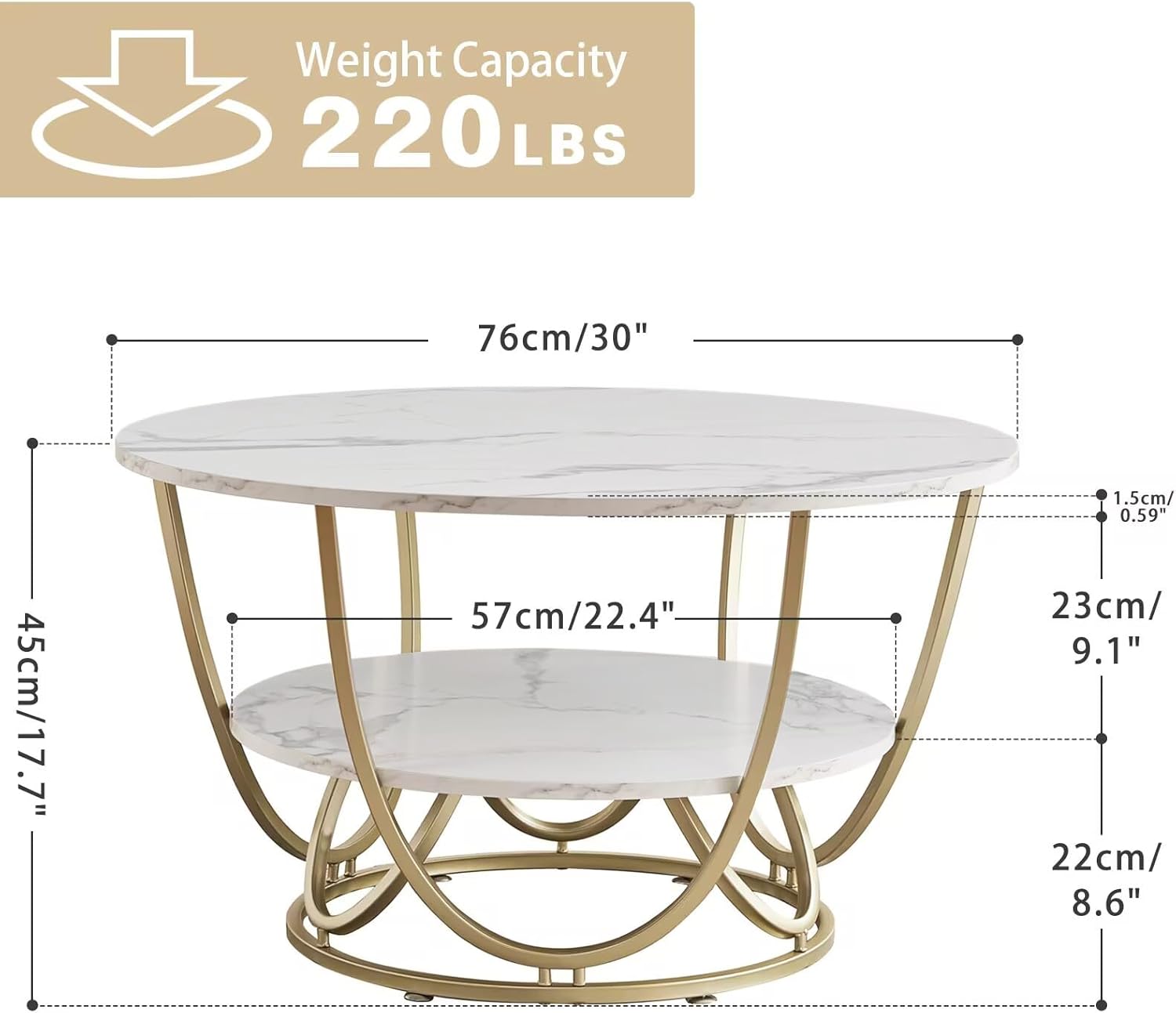 Elephance Round Coffee Table with Storage, 30 Inch Modern Coffee Table for Living Room,Wooden Tabletop-Marble White Print with Gold Frame
