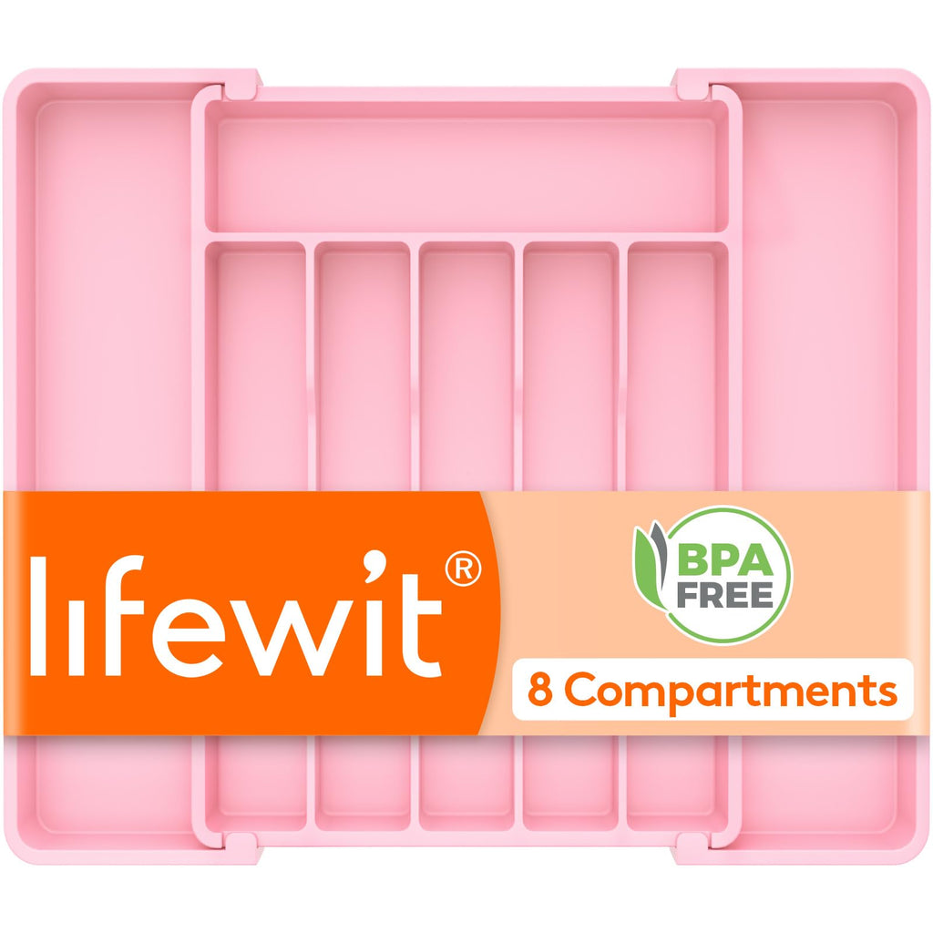 Lifewit Silverware Drawer Organizer, Expandable Utensil Tray for Kitchen, BPA Free Flatware and Cutlery Holder, Adjustable Plastic Storage for Spoons Forks Knives, 8.5-14 x 12", Black