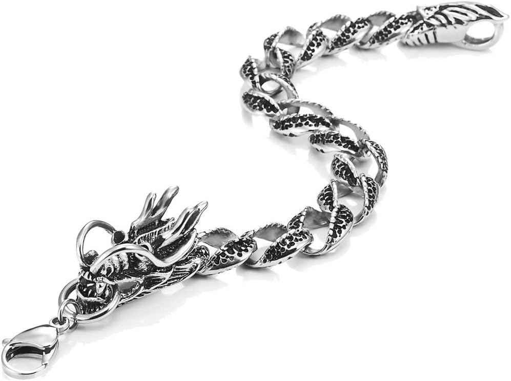 Urban Jewelry Vintage Style Dragon Link Stainless Steel Men Bracelet 8.2 Inch (Silver, Black)