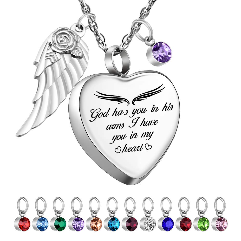 Dletay Heart Urn Necklace for Ashes with 12 Birthstones Cremation Jewelry for Ashes -Your Wings Were Ready My Heart Was Not