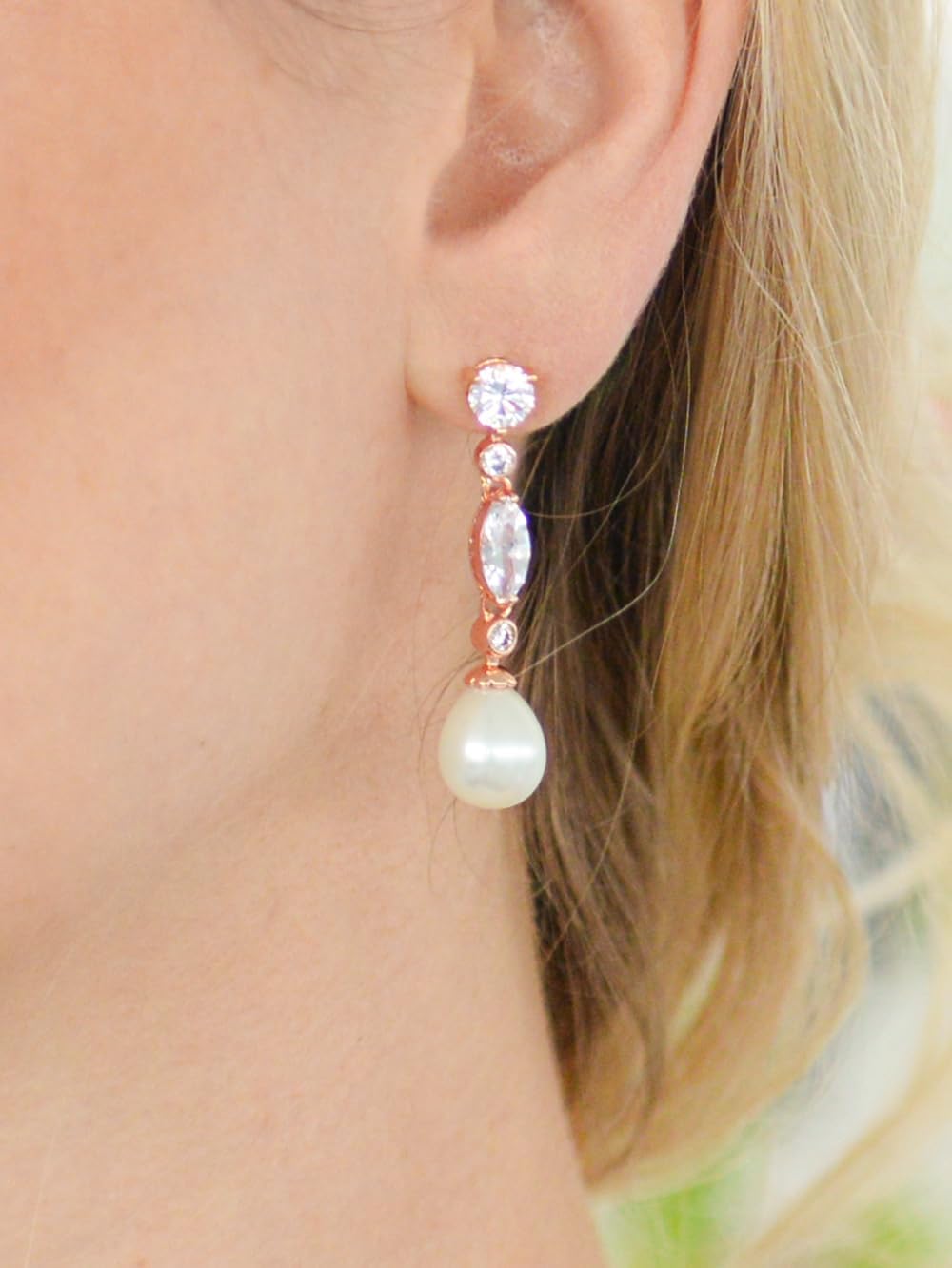 Mariell Rose Gold Pearl Bridal Earrings with Cubic Zirconia Crystals, 1 ¾" Long Dangle Wedding Earring for Brides, Homecoming, Mother of the Bride