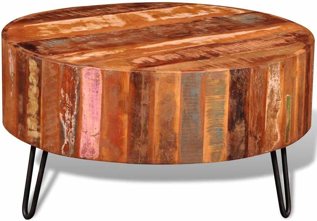 vidaXL Coffee Table, Round Center Table, Solid Reclaimed Wood, Iron Legs, Fully Handmade, Multicolor, Living Room, 27.6" Diameter x 15.0"