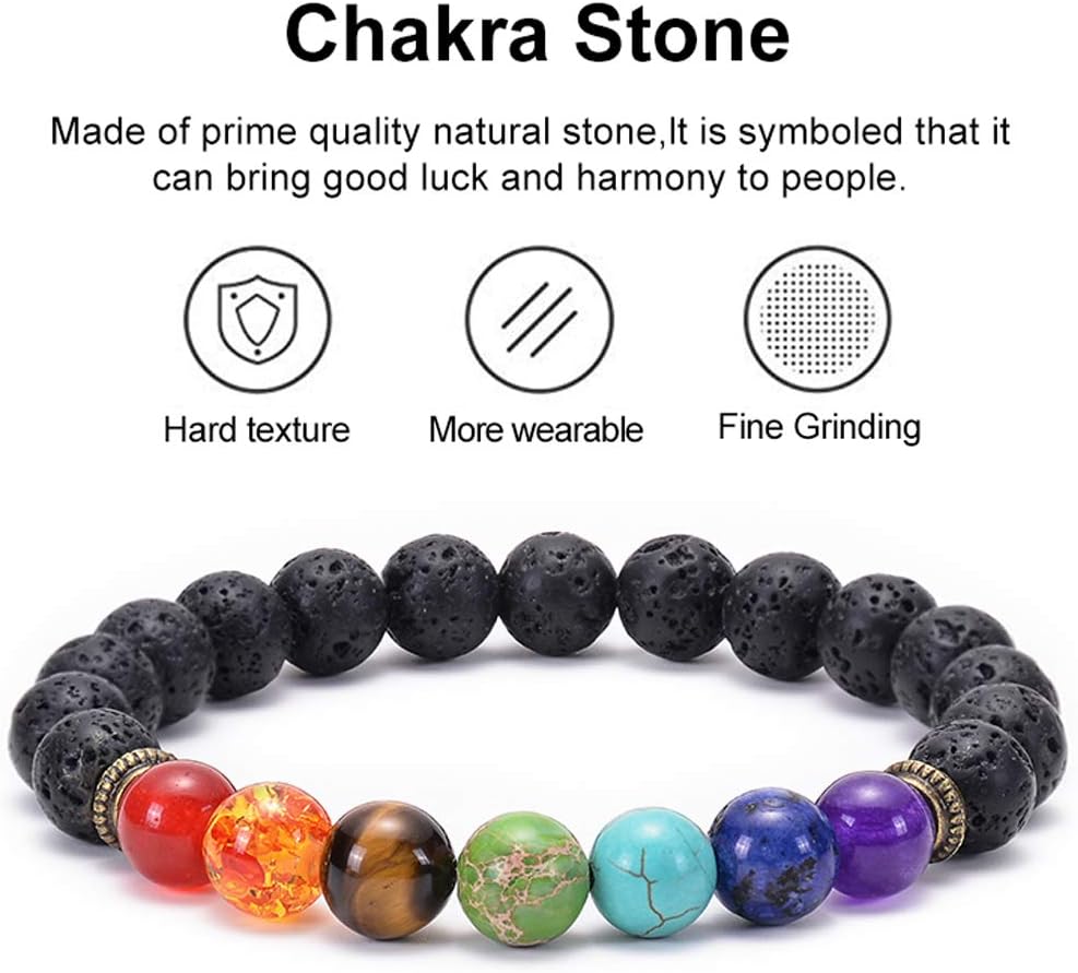 GelConnie Lava Rock Chakra Bracelet 7 Chakra 8mm Natural Stone Healing Bracelet Stress Relief Yoga Beads Anxiety Bracelet Aromatherapy Essential Oil Diffuser Bracelet Bangle