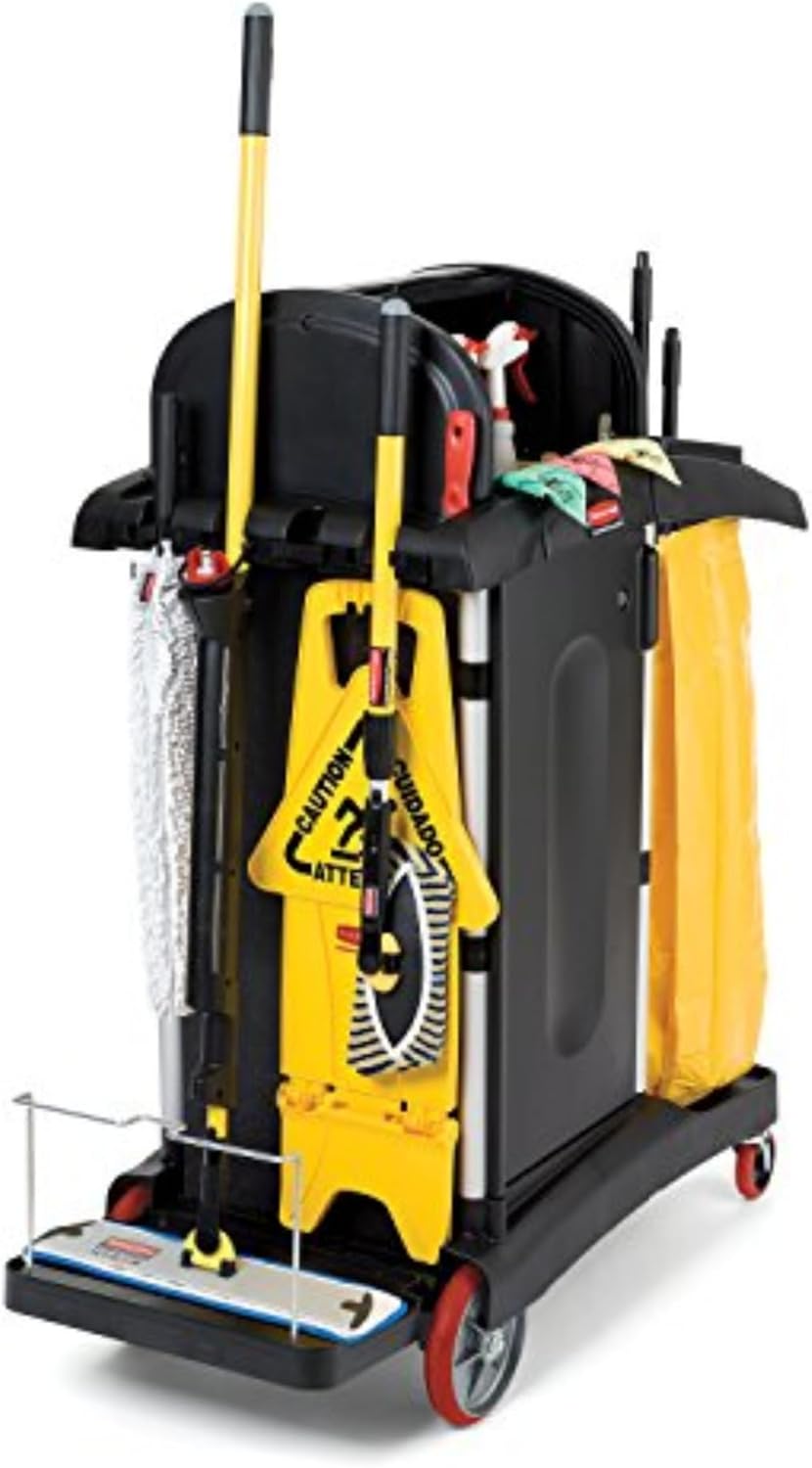 Rubbermaid Commercial High Security Housekeeping Janitorial Cart with Wheels, Yellow Vinyl Bag, Locking Hood and Cabinets for Commercial Facility/Hotel/Stadium/School/Office