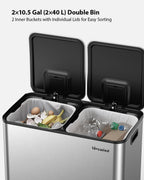 Lovewind Trash Can, 2 x 10.5 Gallon (2 x 40 L) Garbage Can for Kitchen Dual Compartment Recycling Kitchen Step Trash Bin, Stainless Steel Trash and Recycle Bin Combo with Soft-Close Lid, Silver
