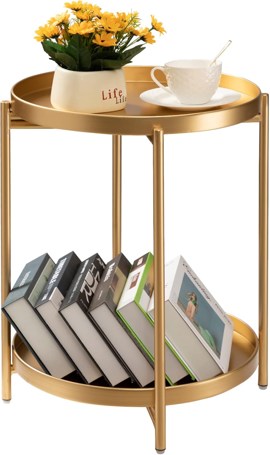 TeoKJ 2 Tier Gold Side Table, Folding Round Metal End Table Small Nightstand with Two Removable Tray for Bedroom Living Room Small Spaces Bedside Gold