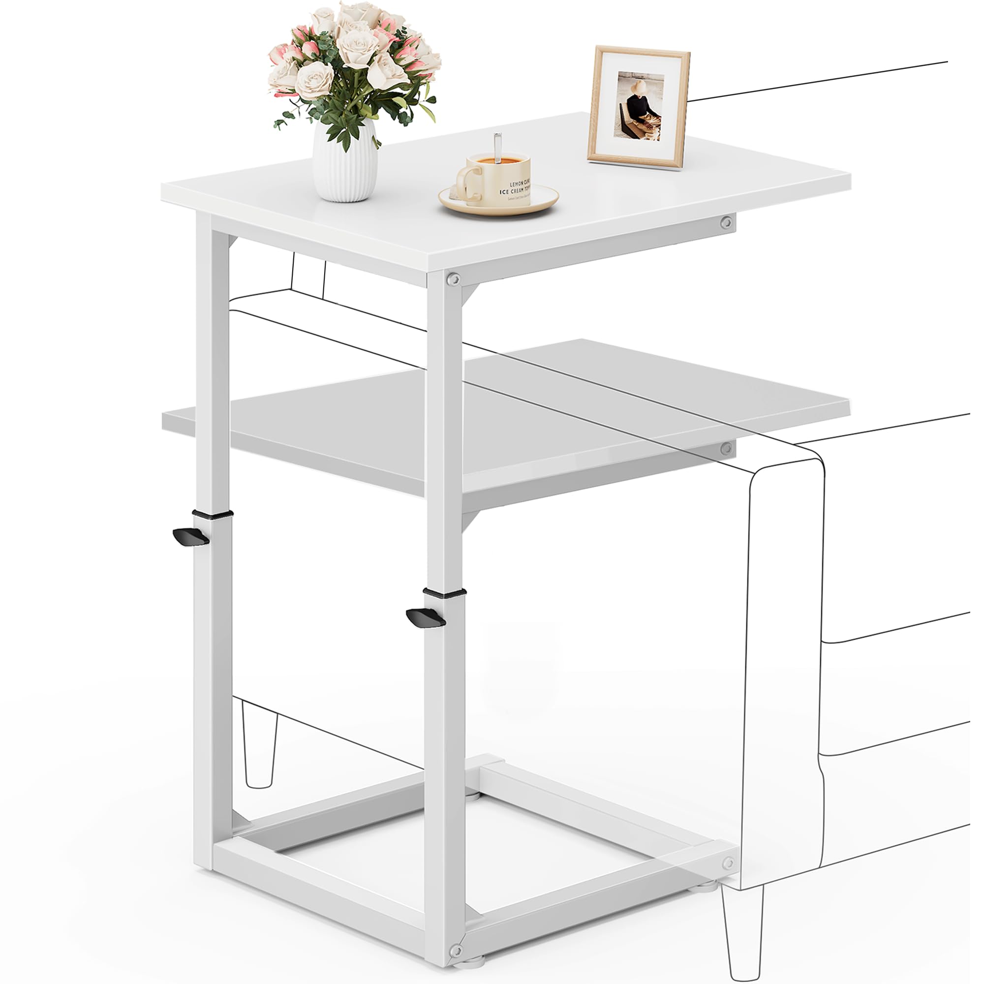 Vagusicc C Shaped End Table, 33" Tall Couch Table Adjustable Height Side Table, Sofa Table That Slide Under, C Table End Table TV Tray Coffee Arm Table for Living Room, Bedroom, Small Spaces, Brown