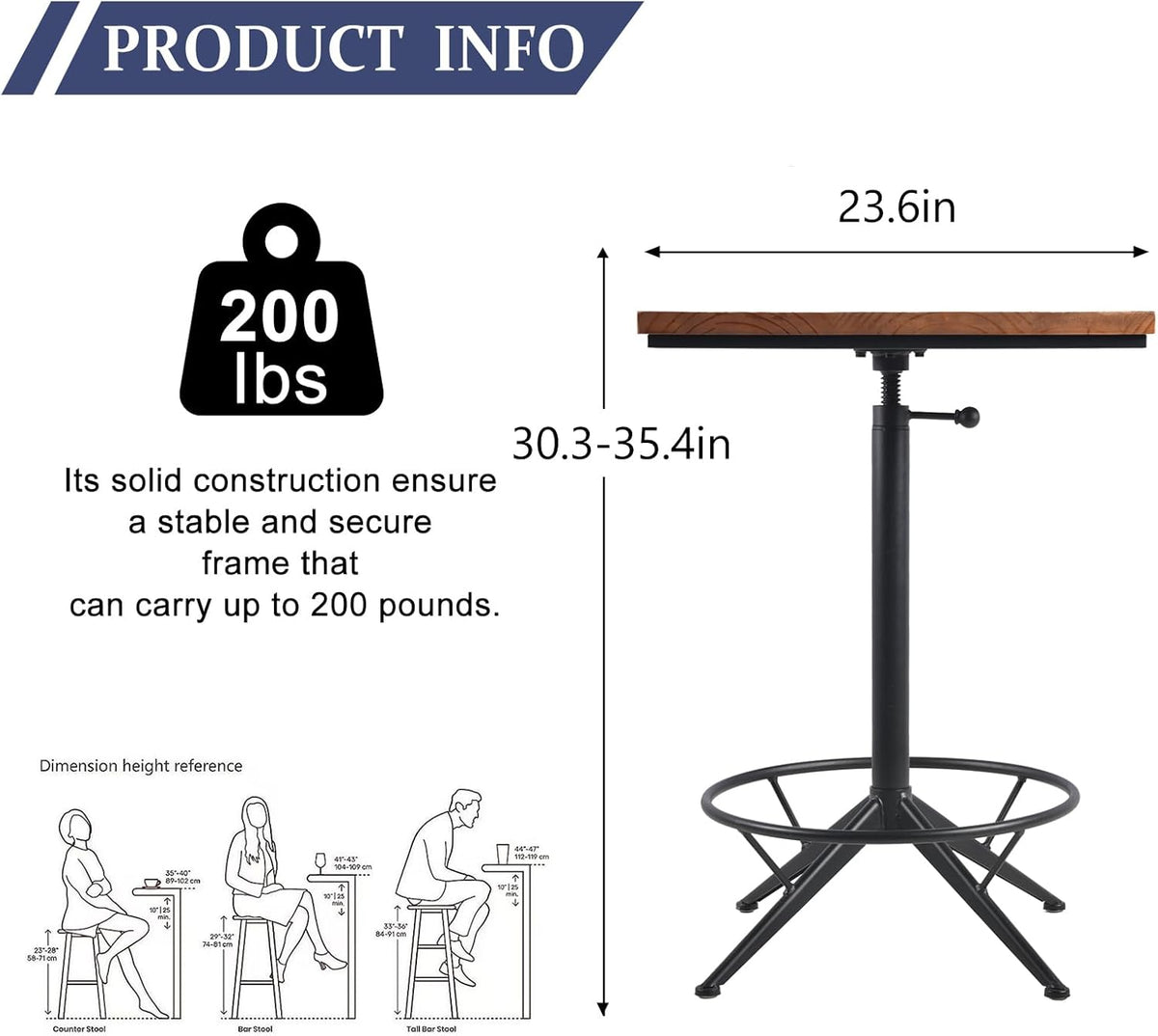 Diwhy Industrial Design Bar Table Height Adjustable 30.3-35.4in Kitchen Dining Coffee Bistro Pub Square Table Top Table Black