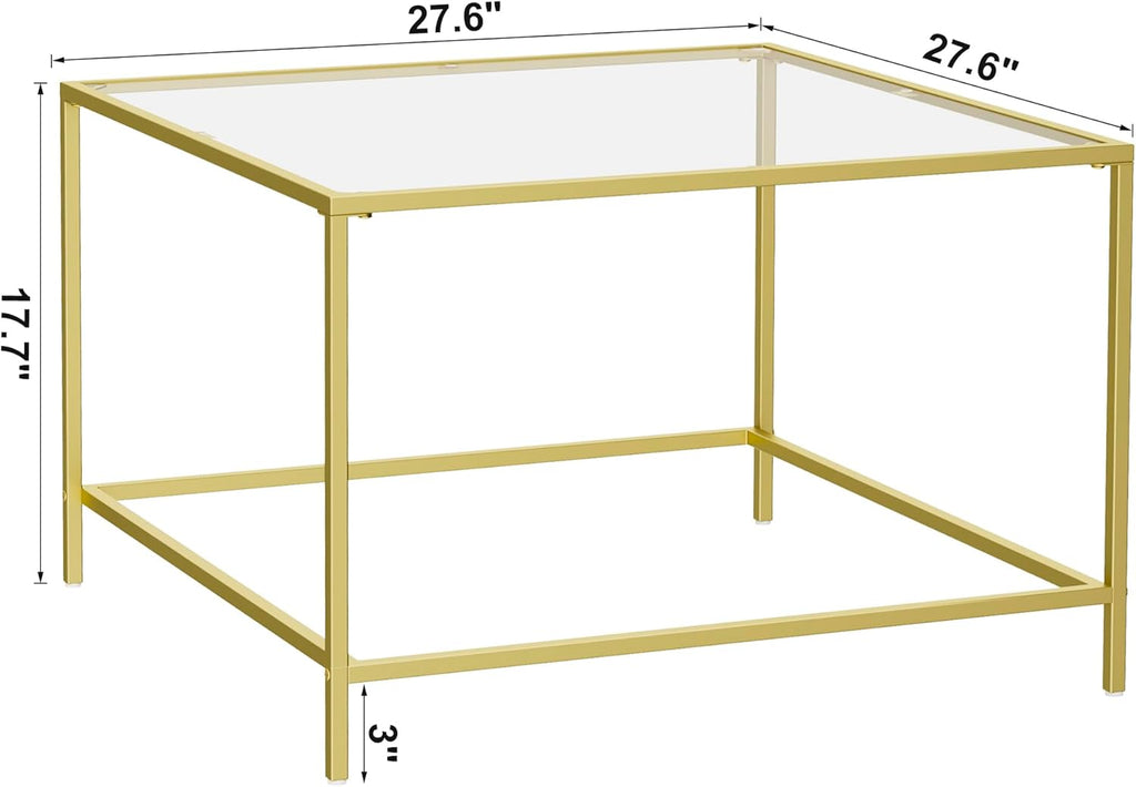 Glass Coffee Table, Modern Square Coffee Table for Living Room, Minimalist Center Tea Table with Sturdy Metal Frame for Apartment, Office, Easy Assembly, 27.6 x 27.6 x 17.7 Inches, Golden