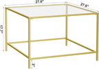 Glass Coffee Table, Modern Square Coffee Table for Living Room, Minimalist Center Tea Table with Sturdy Metal Frame for Apartment, Office, Easy Assembly, 27.6 x 27.6 x 17.7 Inches, Golden