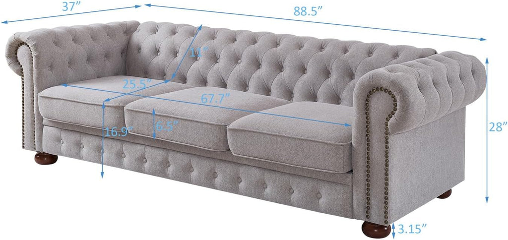 Harper & Bright Designs 3-Seat Chesterfield Sofa with Button Tufted, Nailhead Trim and Solid Wood Legs, Classical Linen Fabric Couch for Living Room, Office, Light Grey