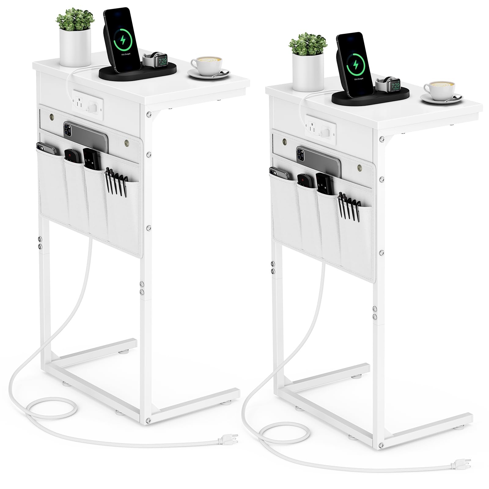 Vagusicc C Shaped End Table with Charging Station, 28" Tall Side Table for Couch, Sofa Table Small Couch Side Coffee Tables, Slide Under Sofa TV Tray Arm C Table for Living Room, Bedroom, Bedside