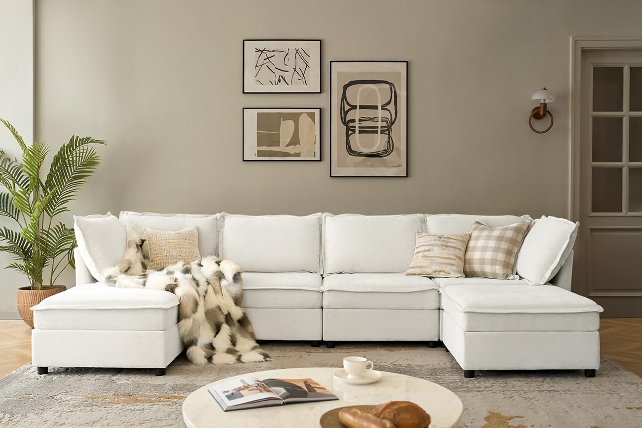 HULALA HOME 127'' Modular Sectional Sofa, Oversized U Shaped Couch with Storage Ottoman, Extra Deep Seat, Modern Comfy Chenille Sofa with Chaise, 6 Seat Convertible Couches for Living Room, Beige