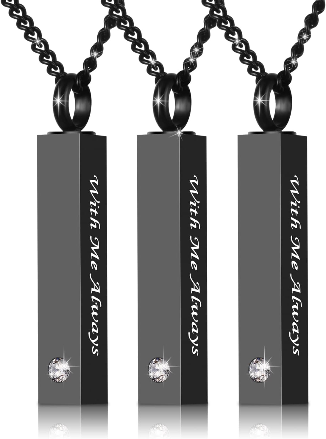 3 Pack Urn Necklace for Ashes Memorial Cremation Jewelry for Ashes, CZ Bar Urn Locket for Ashes Stainless Steel Urns Pendant Keepsake Jewelry with Words: With Me Always & Funnel Kit & Bag
