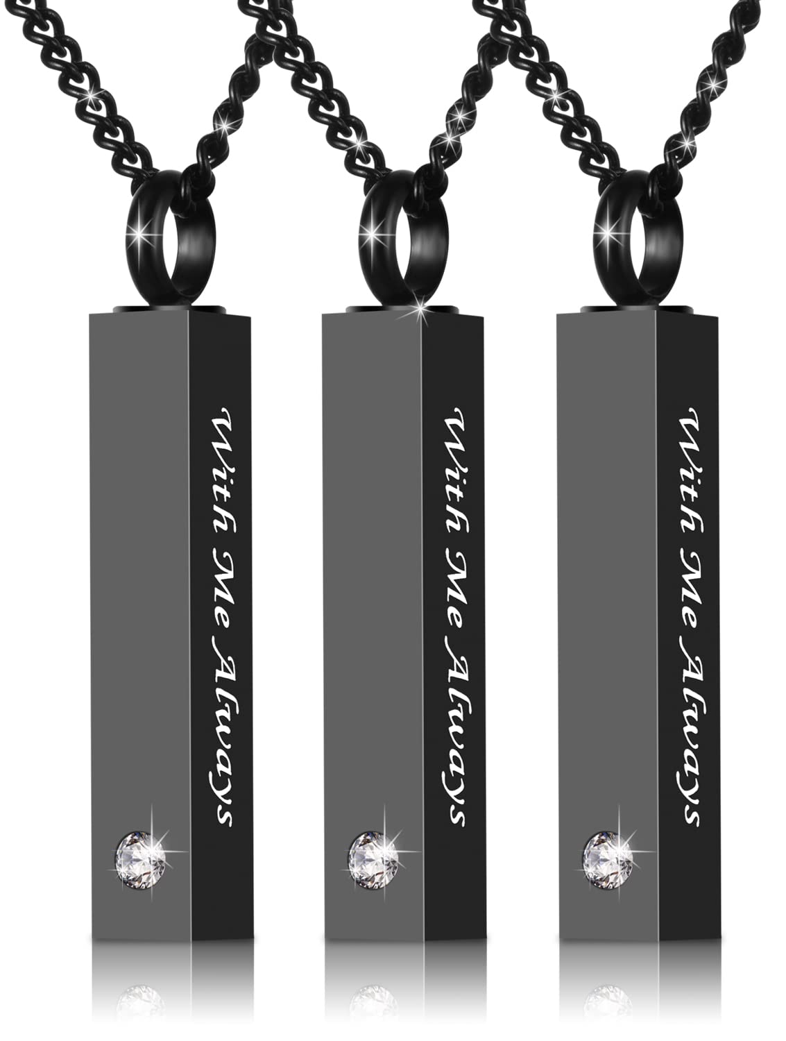 3 Pack Urn Necklace for Ashes Memorial Cremation Jewelry for Ashes, CZ Bar Urn Locket for Ashes Stainless Steel Urns Pendant Keepsake Jewelry with Words: With Me Always & Funnel Kit & Bag