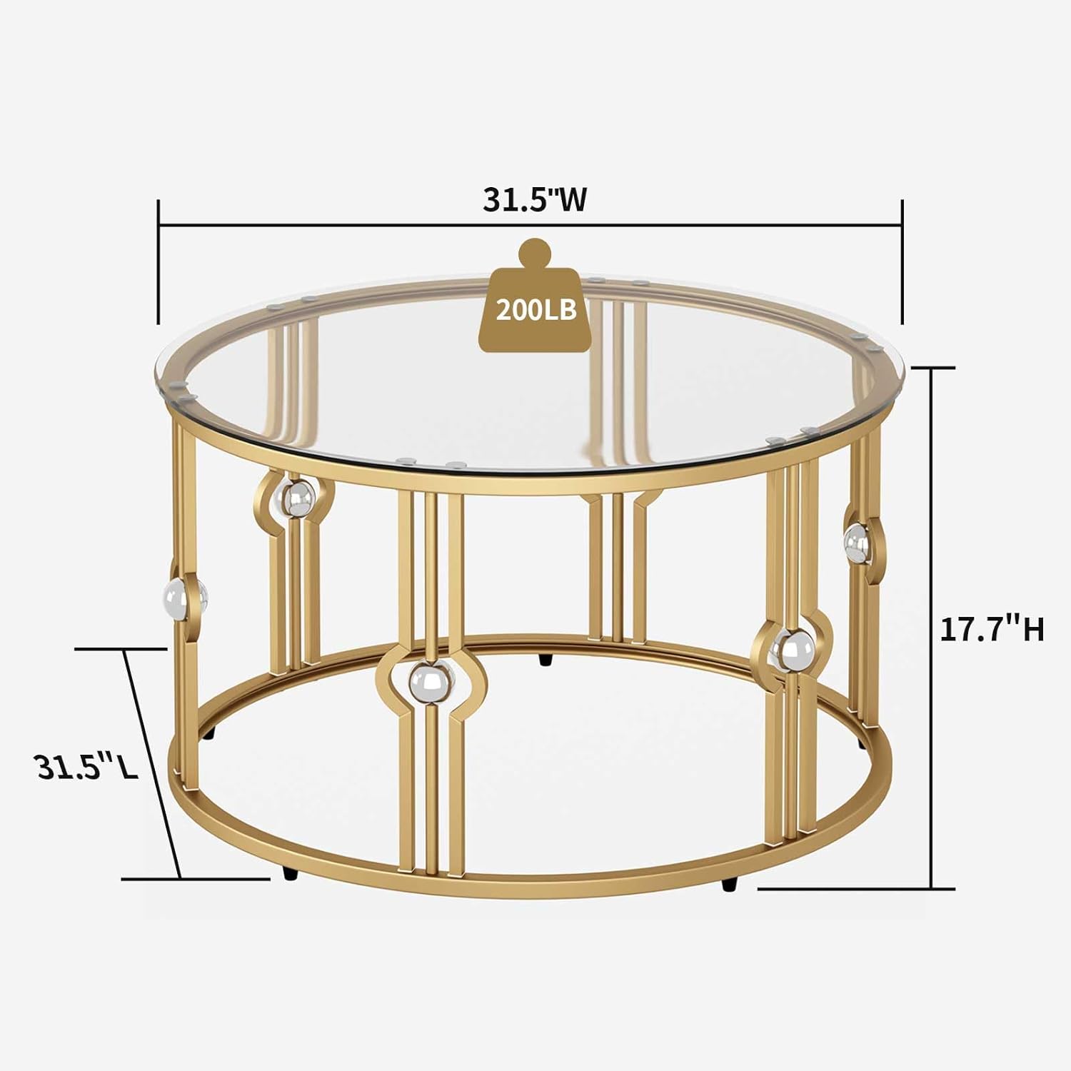 OIOG Glass Coffee Table for Living Room, Gold Coffee Table with Tempered Glass, Round Coffee Table for Office