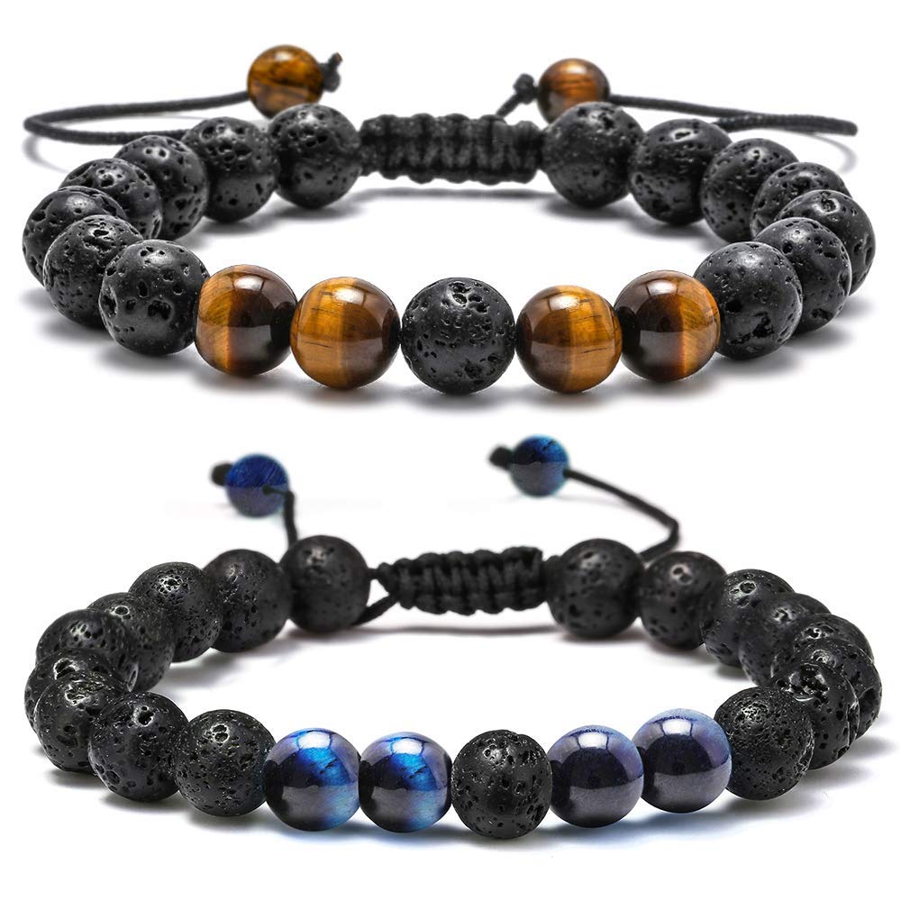 M MOOHAM Natural Stone Bracelets for Men - 8mm Tiger Eye, Matte Agate, Lava Rock - Teen Boys Gifts for Birthday, Anniversary, Christmas