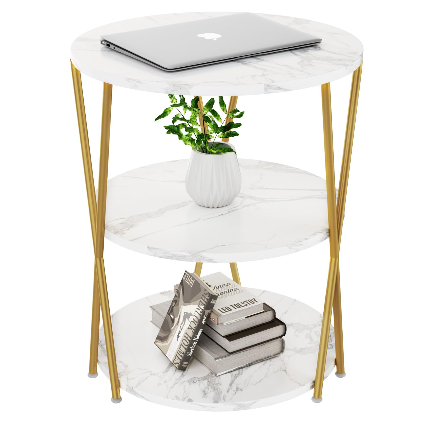 Big Side Table, 3-Tier Large Size Round End Table with X-Leg Design, Nightstand Bedside Table for Living Room, Bedroom, Drink Table Coffee Table for Patio, Indoor Outdoor Use, 16.5''x16.5''x22.8''