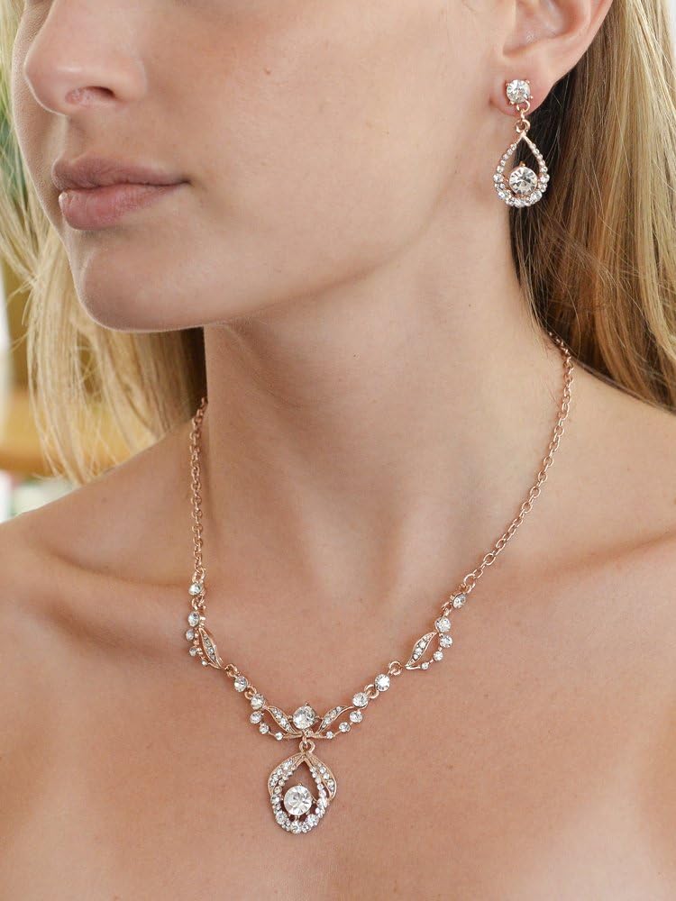 Mariell Rose Gold Vintage Crystal Necklace and Earrings Wedding Jewelry Set for Brides, Bridesmaids, Prom