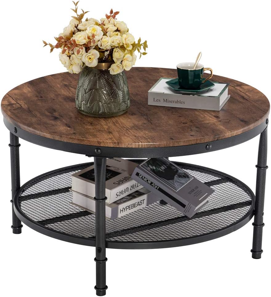 VINGLI Round Coffee Tables Living Room, 31.5" Round Coffee Table with Storage Round Wooden Coffee Table Round Farmhouse Coffee Table, Industrial Coffee Table Rustic Round Coffee Table with Metal Shelf