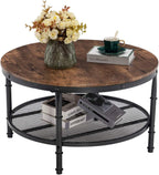 VINGLI Round Coffee Tables Living Room, 31.5" Round Coffee Table with Storage Round Wooden Coffee Table Round Farmhouse Coffee Table, Industrial Coffee Table Rustic Round Coffee Table with Metal Shelf