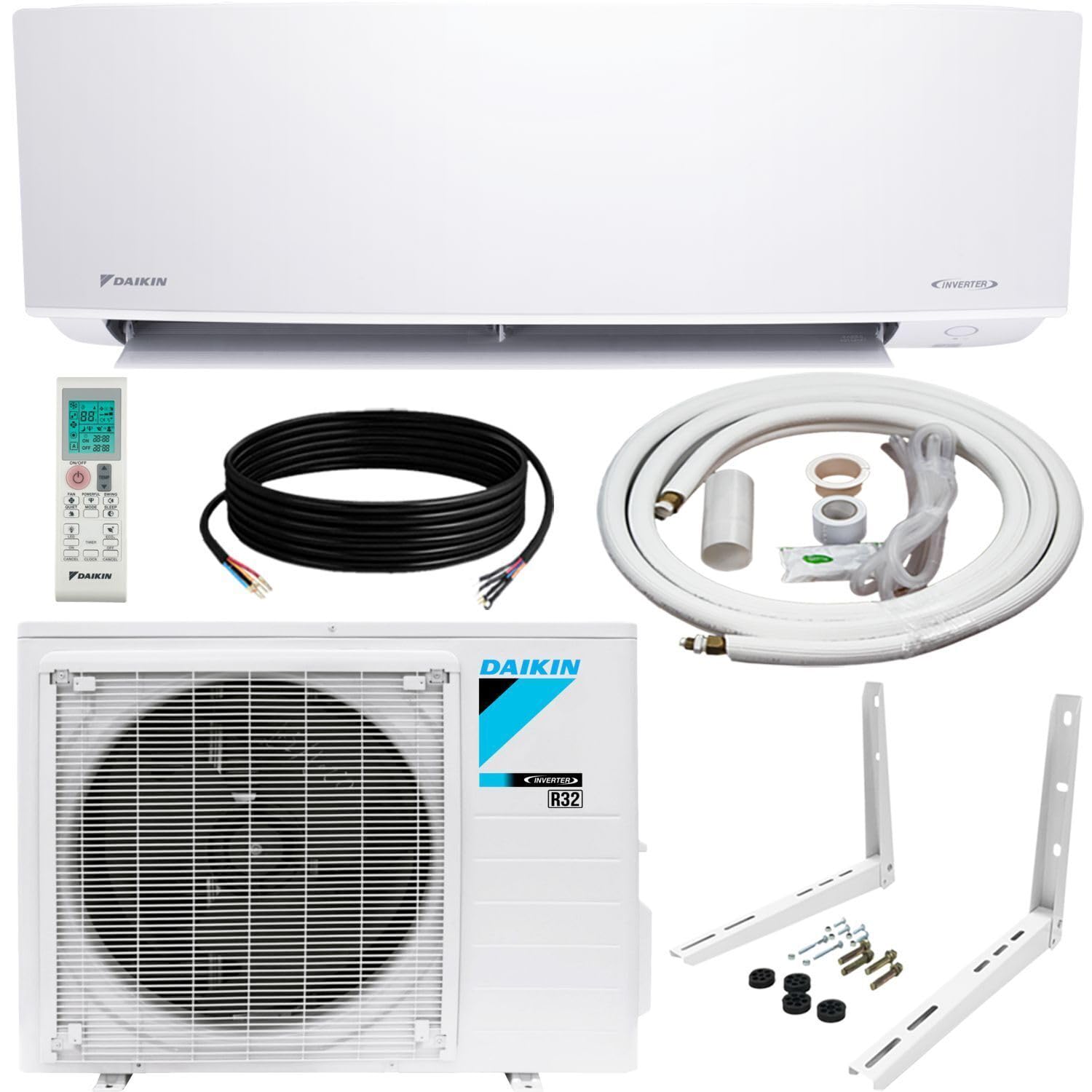 Daikin 12,000 BTU 18 SEER2 Entra R32 Series Ductless Mini Split Heat Pump System w/Maxwell All-Inclusive 15’ Installation Kit and Wall Mounting Bracket (230V), White, RXC12+FTXC12+IKM1438+WAFP24
