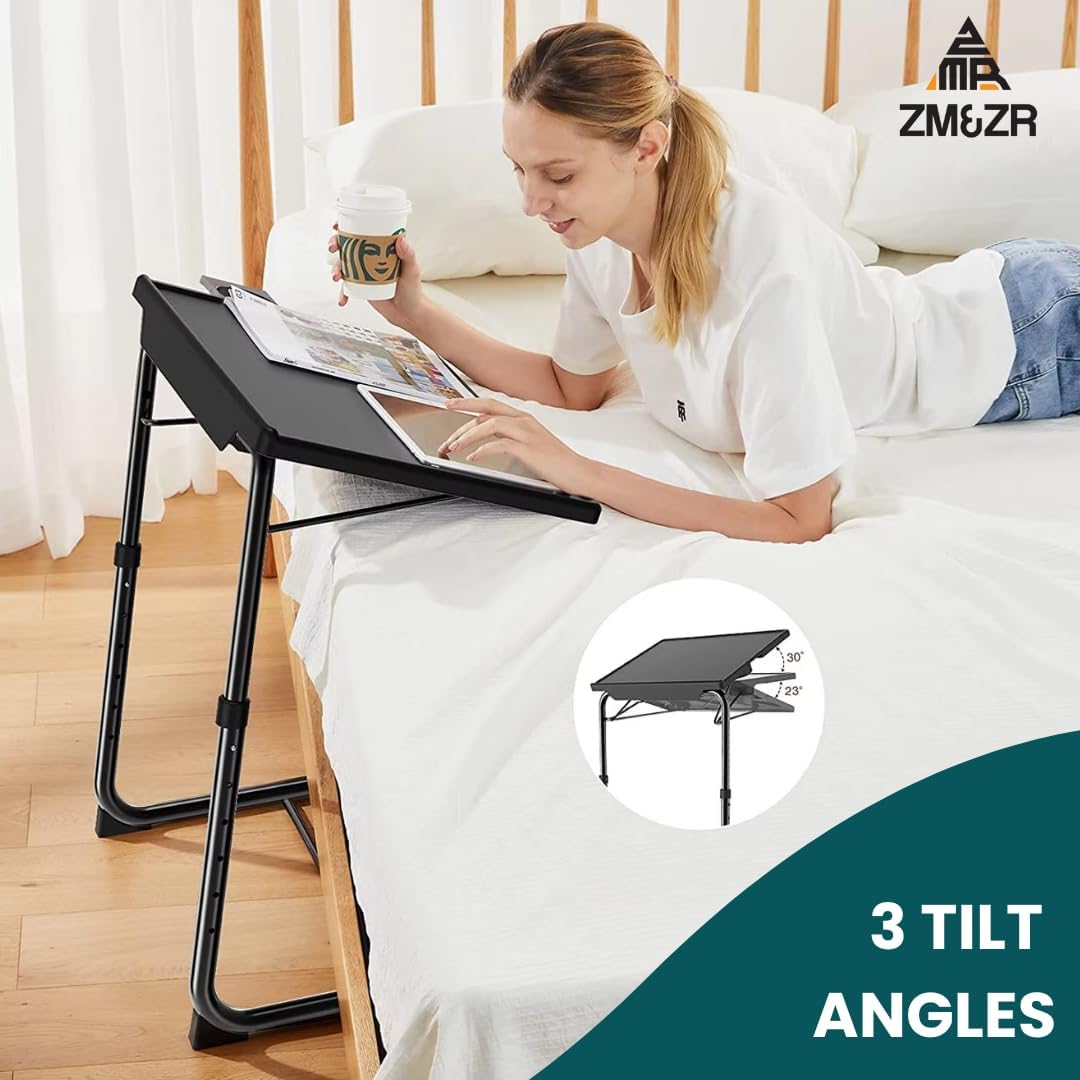 ZM&ZR TV Tray – 6 Adjustable Height Levels & 3 Tilt Angles – Foldable Multipurpose Snack Table with Retractable Cup Holder – Slide Under Sofa or Bed – Portable Laptop, Dinner & Coffee Table