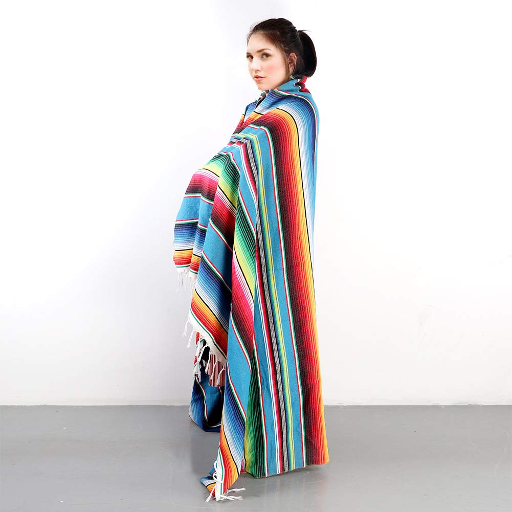 OurWarm 59 x 84 Inch Mexican Tablecloth Serape Blanket for Mexican Party Wedding Decorations, Large Square Cotton Fringe Table Cloth Colorful Mexican Blanket Outdoor Fiesta Table Cover Picnic (Blue)