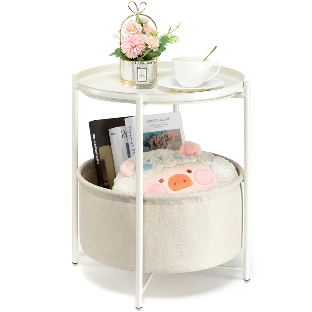 danpinera Round Side Table with Fabric Storage Basket, Metal Side Small Bedside Table Nightstand with Removable Tray Top for Living Room, Bedroom, Nursery, Laundry, Gold
