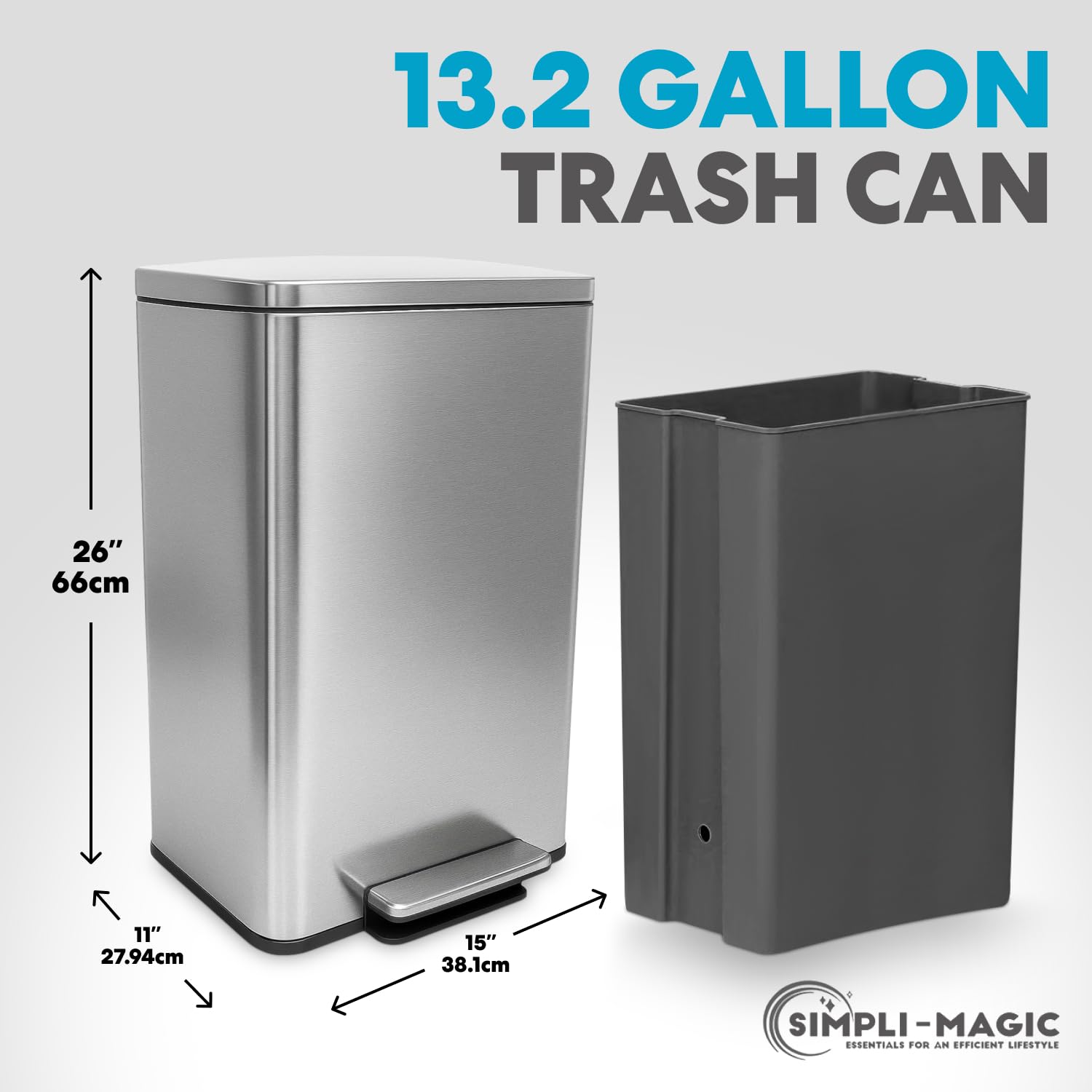 SIMPLI-MAGIC 50 Liter / 13.2 Gallon Soft-Close, Smudge Resistant Trash Can with Foot Pedal and Built in Filter- Stainless Steel, Sleek Finish
