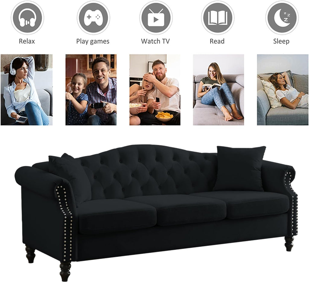 79" Chesterfield Velvet 3-Seater Sofa for Living Room,Tufted Couch with Rolled Arms Nailhead and Two Pillows for Living Room, Bedroom