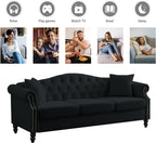 79" Chesterfield Velvet 3-Seater Sofa for Living Room,Tufted Couch with Rolled Arms Nailhead and Two Pillows for Living Room, Bedroom