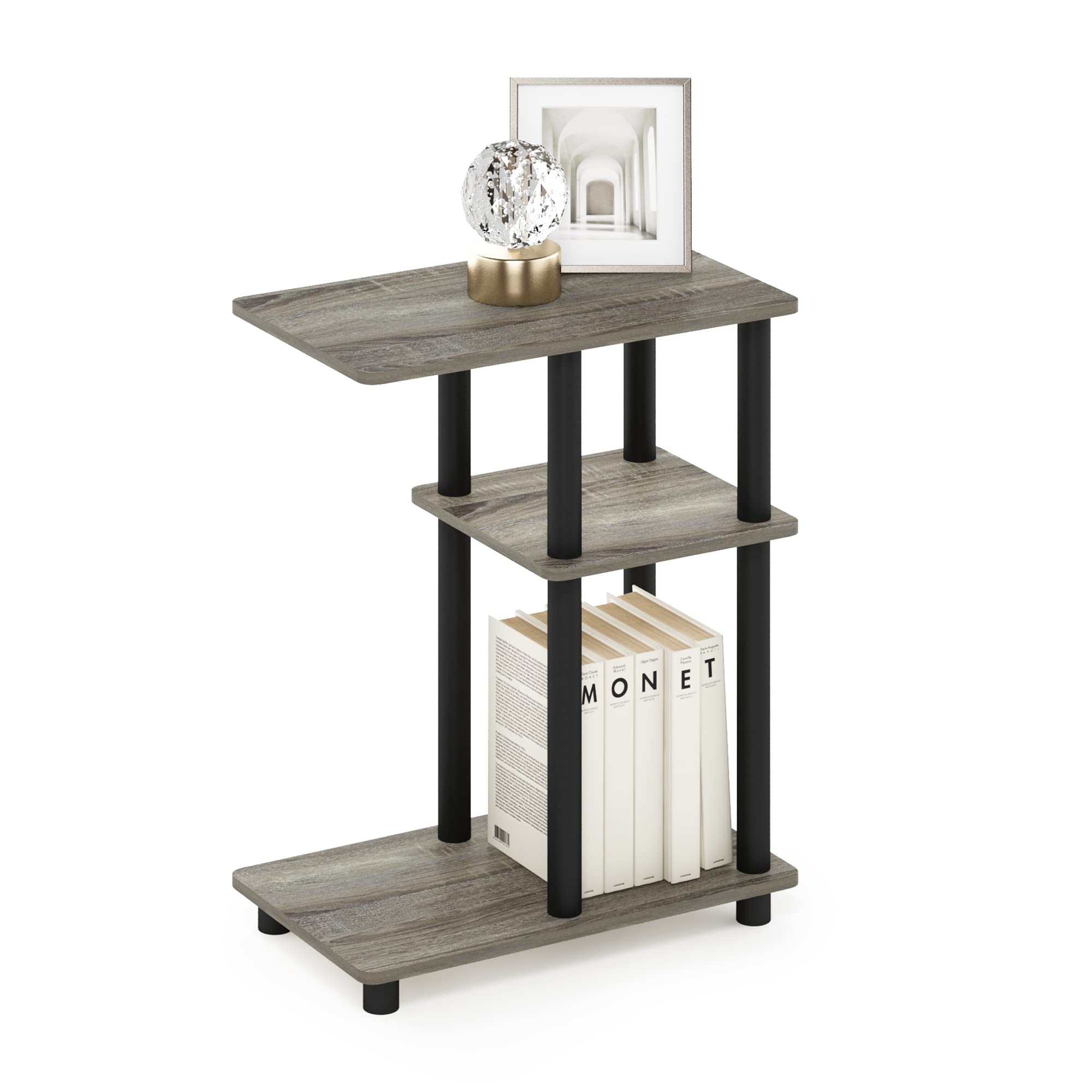 Furinno Turn-N-Tube C Shaped Side Table with Casters, Amber Pine/Black