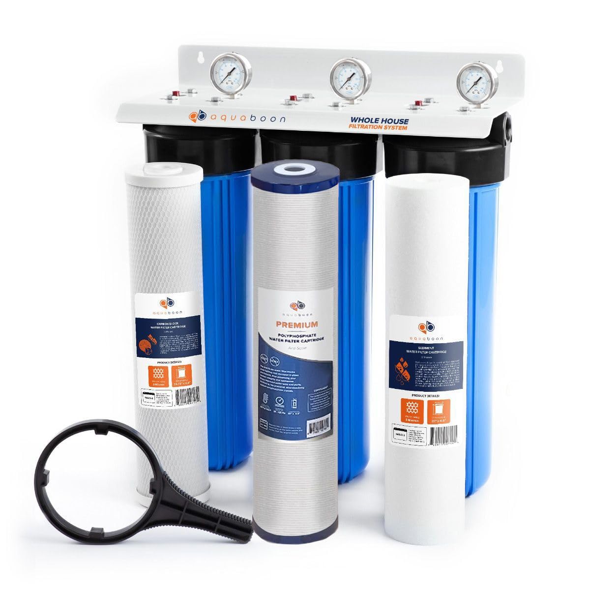 Aquaboon 3-Stage Whole House Water Filter System 20x4.5 inch with Prefilter & KDF, Sediment, Carbon Filters, Gauge & Release, Wrench, Freestanding Steel Frame