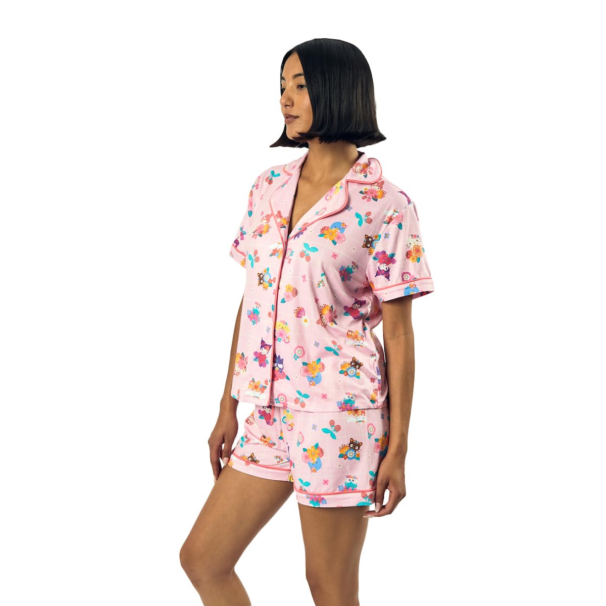 Bioworld Hello Kitty & Friends Floral Character Print Women's Pink Sleep Shirt & Shorts Set-Small