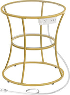 HOOBRO Round Coffee End Table with Charging Station, 2-Tier Small Accent Side Table with Glass Top, Round Nightstand for Small Space in Living Room, Bedroom, Gold GD83UBZ01