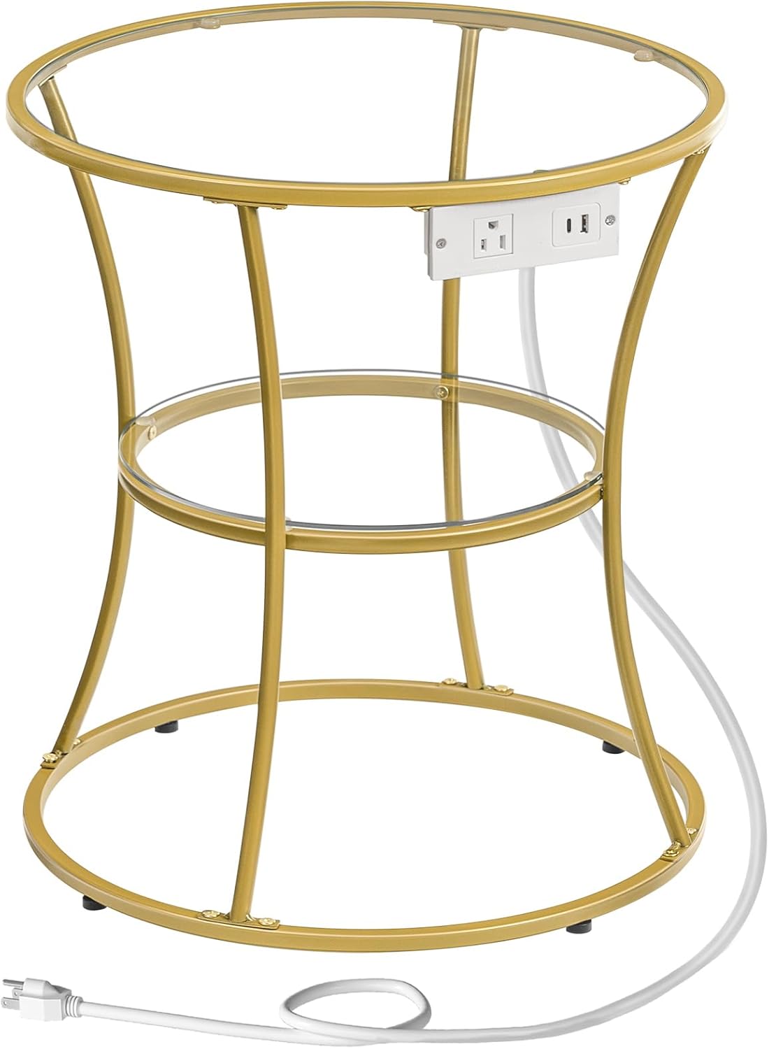 HOOBRO Round Coffee End Table with Charging Station, 2-Tier Small Accent Side Table with Glass Top, Round Nightstand for Small Space in Living Room, Bedroom, Gold GD83UBZ01