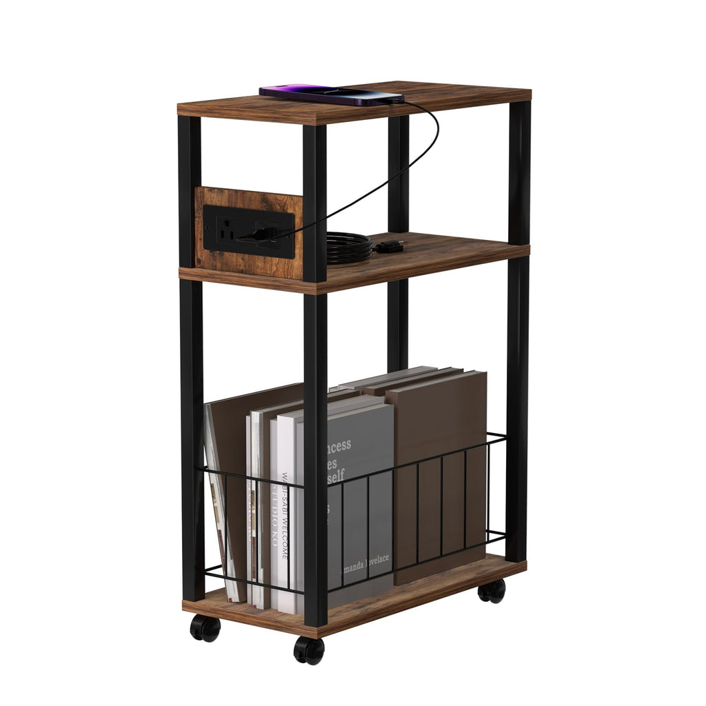 Side Table with Charging Station and Drawer, Narrow End Table with USB Ports and Outlets for Small Space, Living Room, Bedroom and Office, with 4 Wheels (1, Rustic Brown + Black)