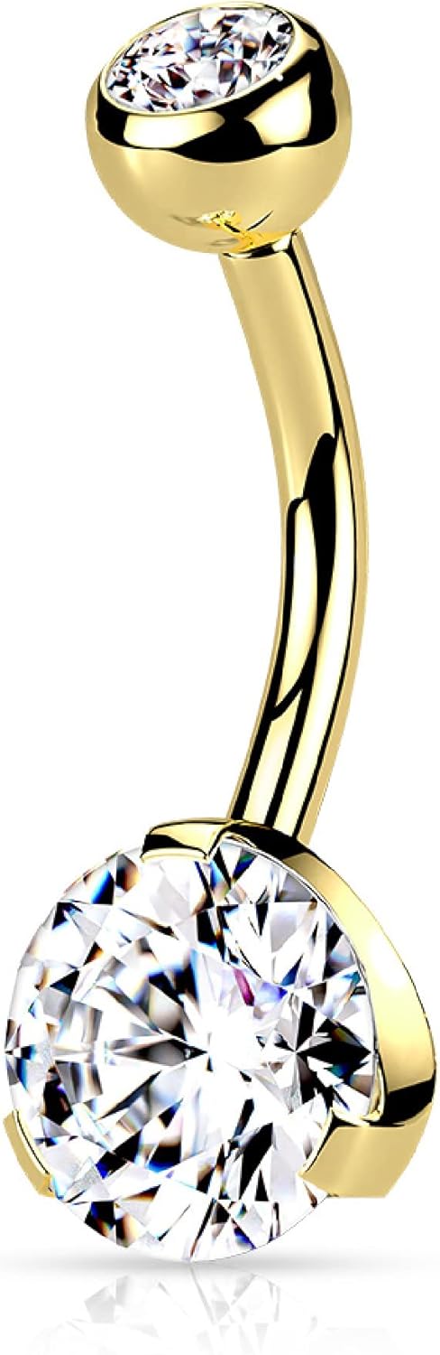 Forbidden Body Jewelry 14K Gold Belly Button Ring 14G 10mm w/Double Crystal - Stainless 316L Surgical Steel Belly Button Piercing - Yellow Barbell Belly Rings Women Navel Piercing Jewelry (1 Pc)